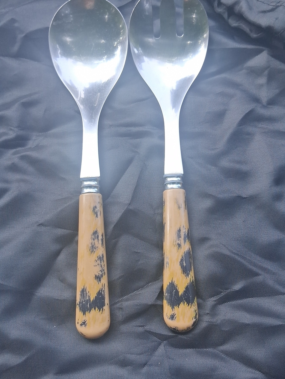Wood-Handled Serving Spoon and Fork Set - Black & Tan Handles